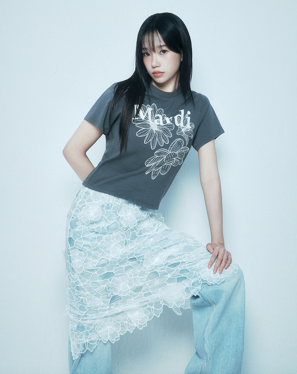 Slim Tshirt Triple Flower Charcoal Ivory