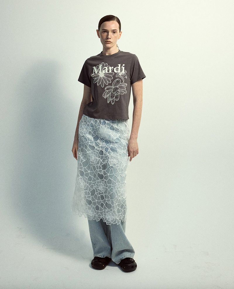 Slim Tshirt Triple Flower Charcoal Ivory