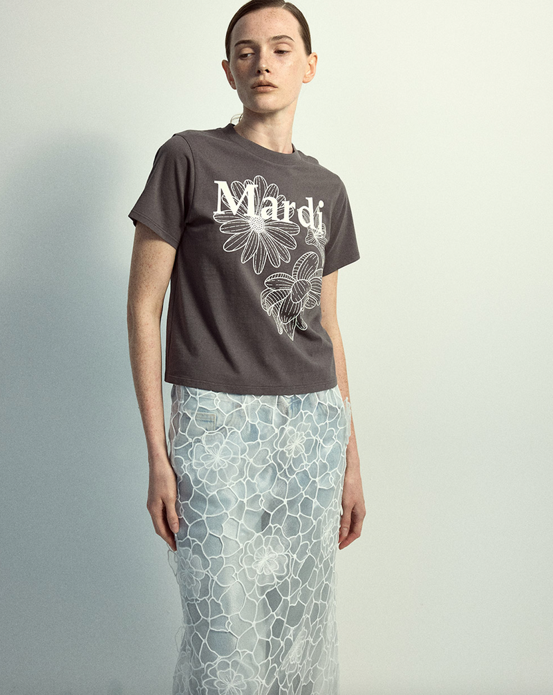 Slim Tshirt Triple Flower Charcoal Ivory