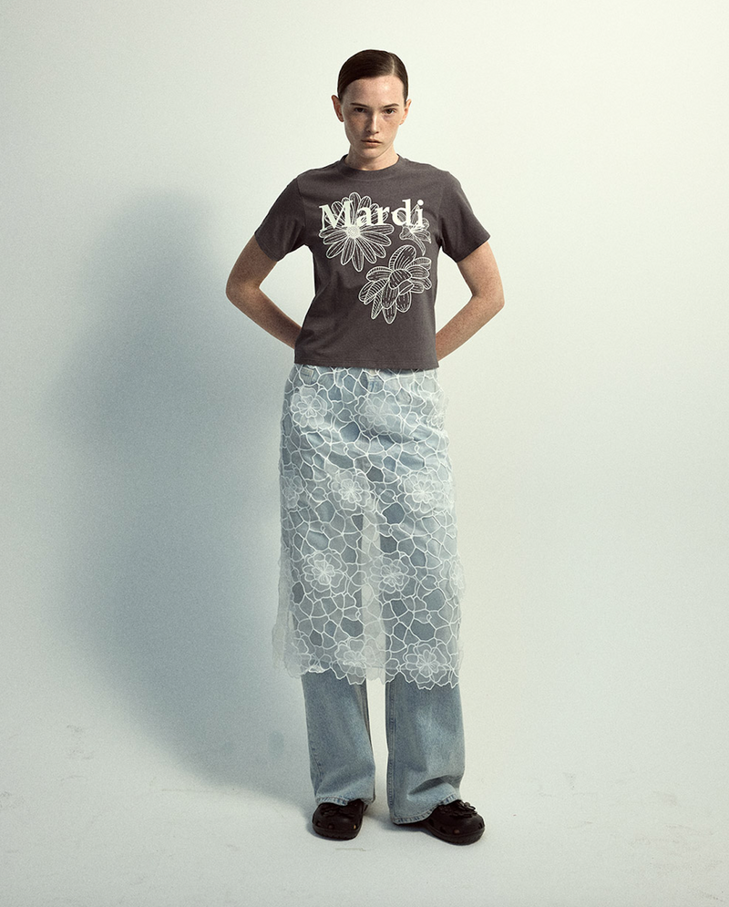 Slim Tshirt Triple Flower Charcoal Ivory