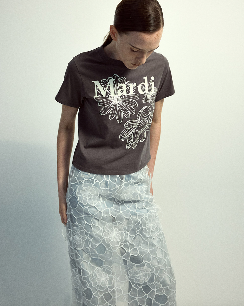 Slim Tshirt Triple Flower Charcoal Ivory