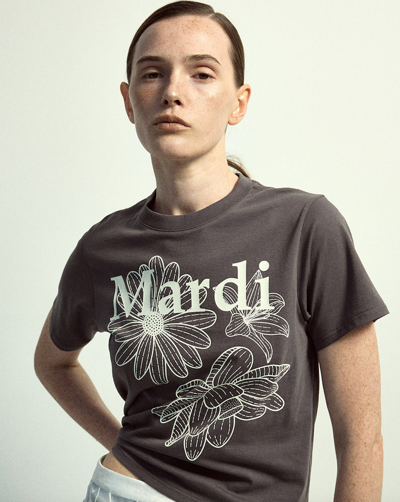 Slim Tshirt Triple Flower Charcoal Ivory