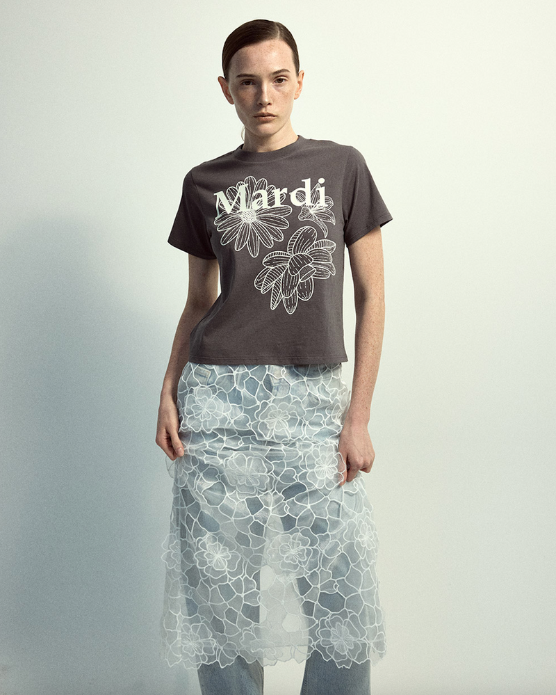 Slim Tshirt Triple Flower Charcoal Ivory