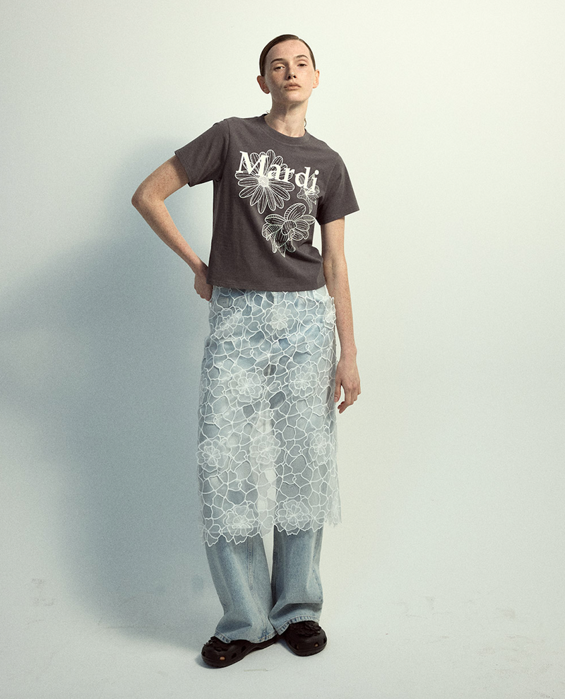 Slim Tshirt Triple Flower Charcoal Ivory