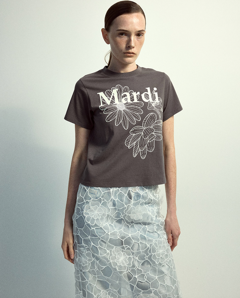 Slim Tshirt Triple Flower Charcoal Ivory