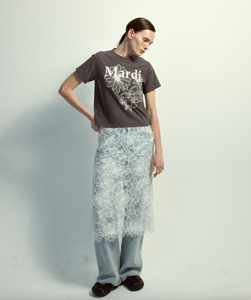 Slim Tshirt Triple Flower Charcoal Ivory