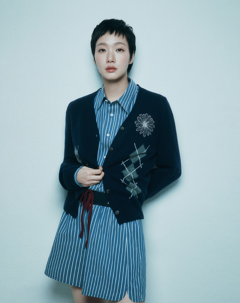 Cashmere Blended Cardigan Round Neck Argyle Navy Cream