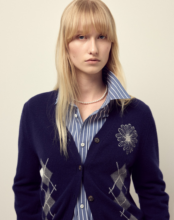 Cashmere Blended Cardigan Round Neck Argyle Navy Cream