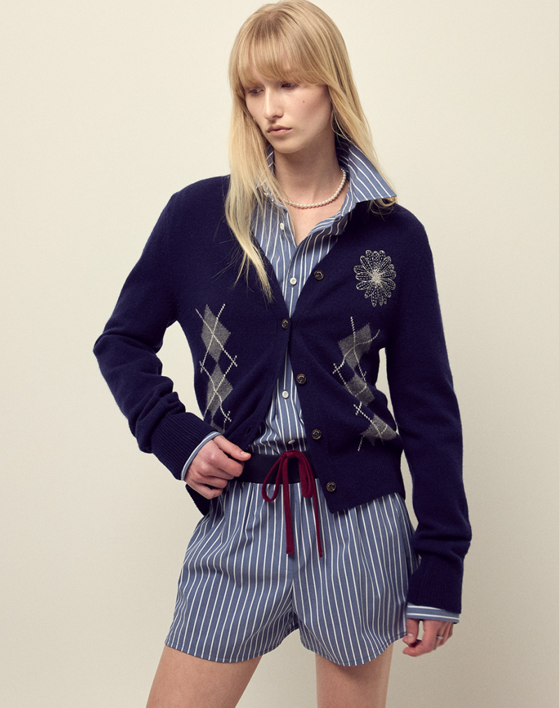 Cashmere Blended Cardigan Round Neck Argyle Navy Cream