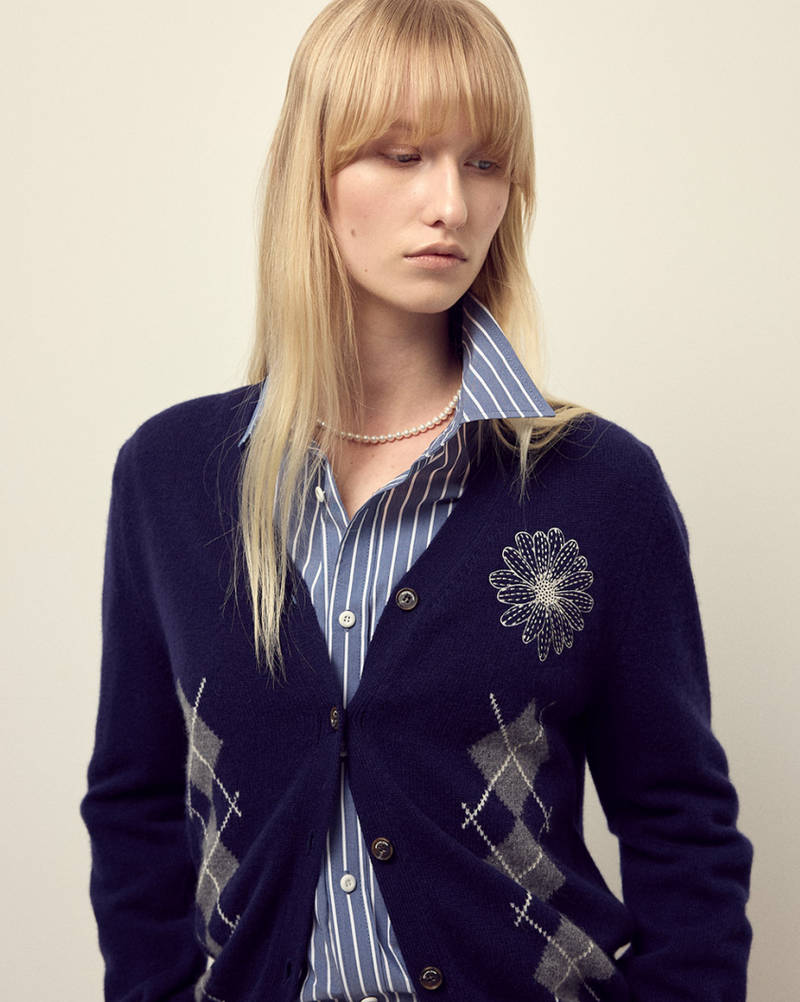 Cashmere Blended Cardigan Round Neck Argyle Navy Cream