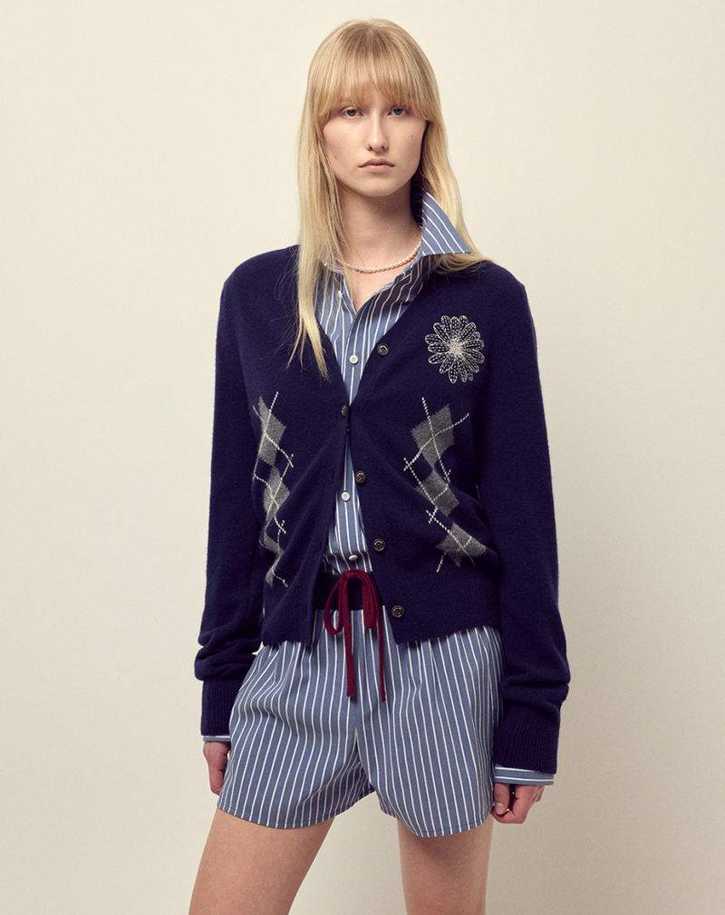 Cashmere Blended Cardigan Round Neck Argyle Navy Cream