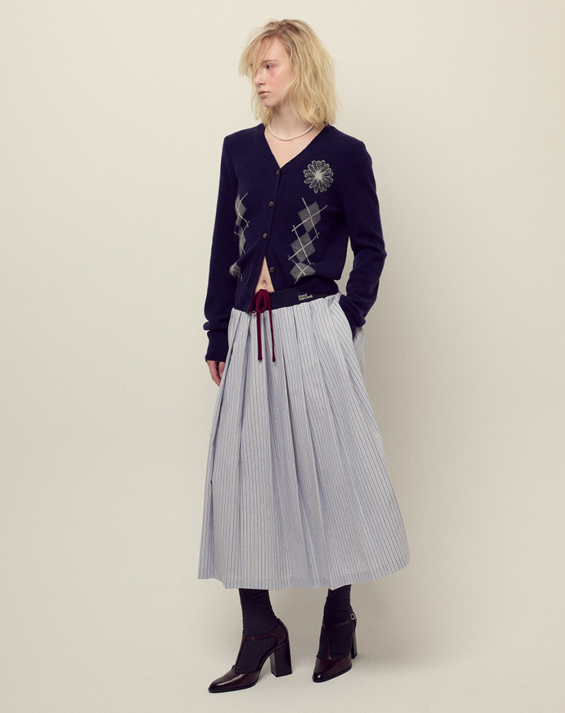 Cashmere Blended Cardigan Round Neck Argyle Navy Cream