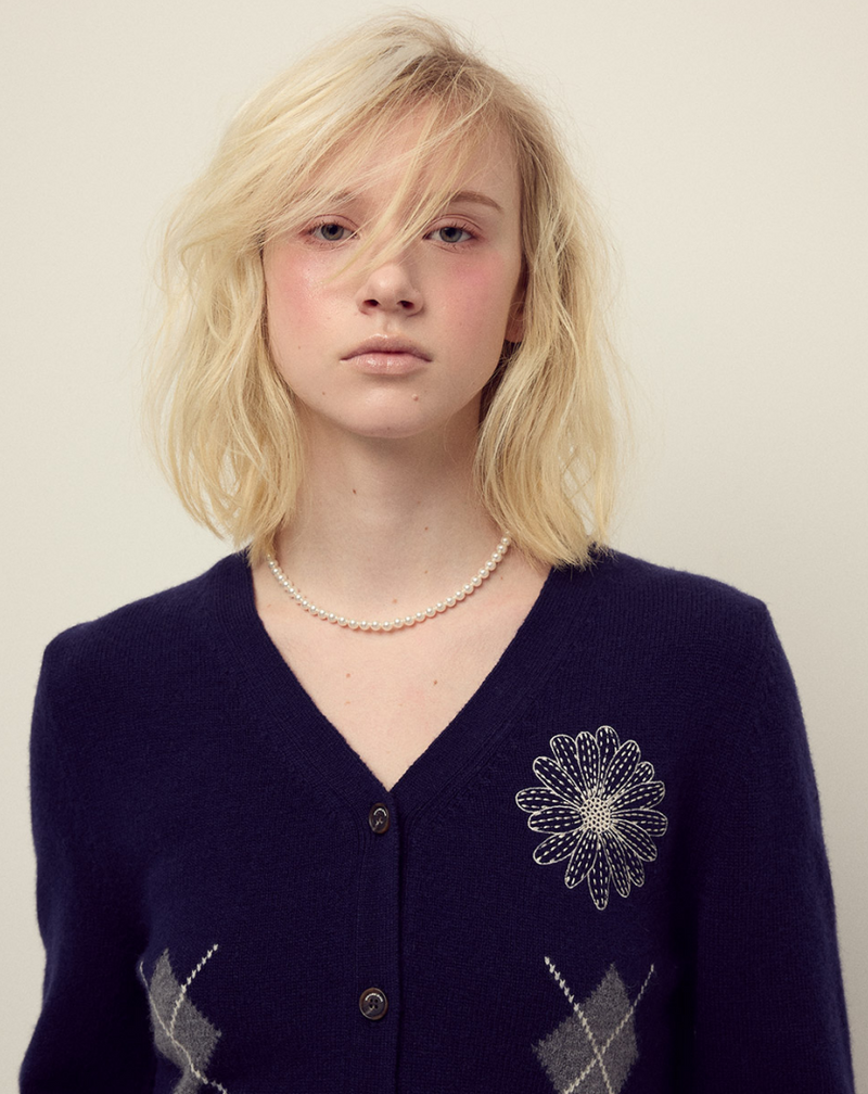 Cashmere Blended Cardigan Round Neck Argyle Navy Cream