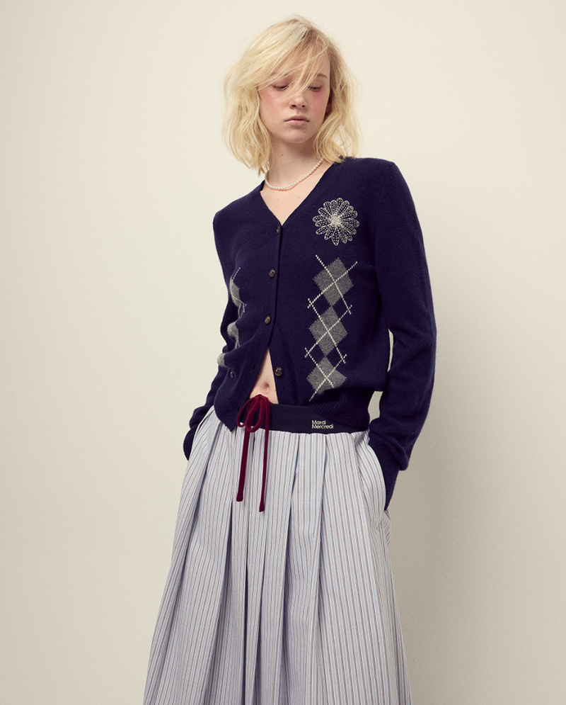 Cashmere Blended Cardigan Round Neck Argyle Navy Cream