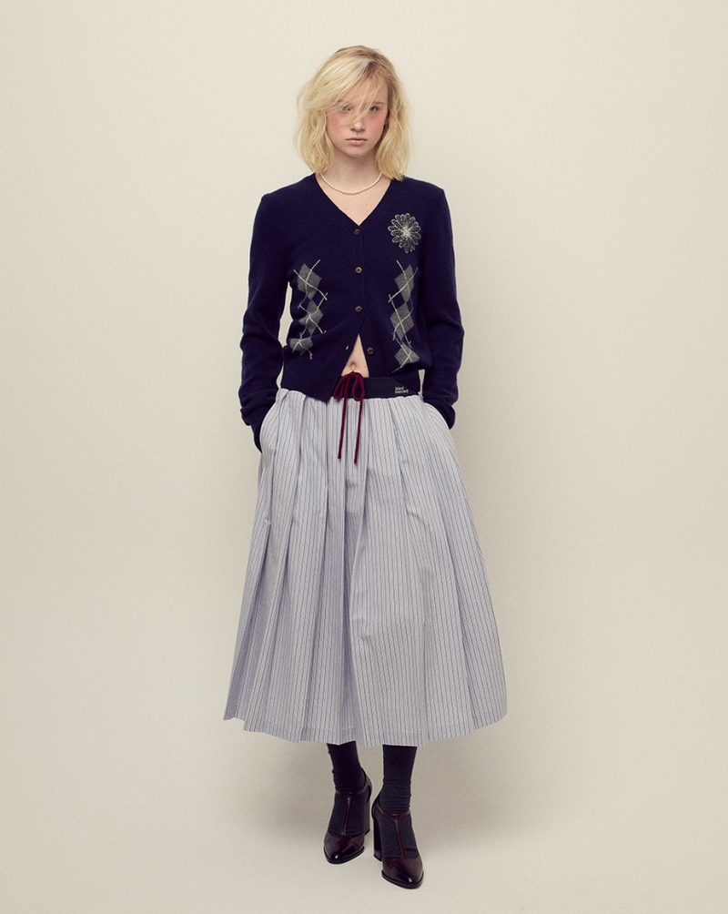 Cashmere Blended Cardigan Round Neck Argyle Navy Cream