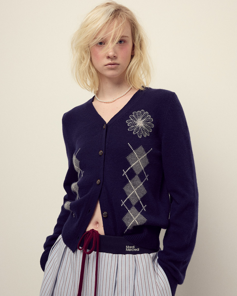 Cashmere Blended Cardigan Round Neck Argyle Navy Cream