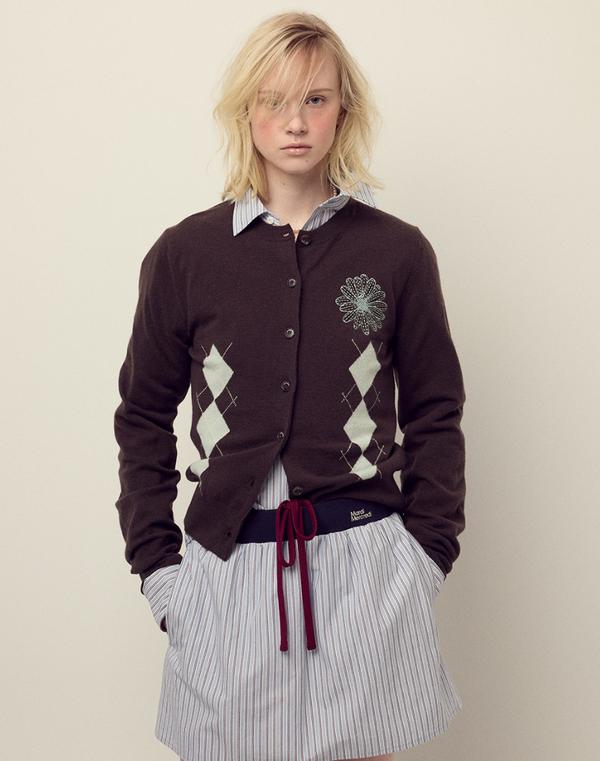 Cashmere Blended Cardigan Round Neck Argyle Brown Mint