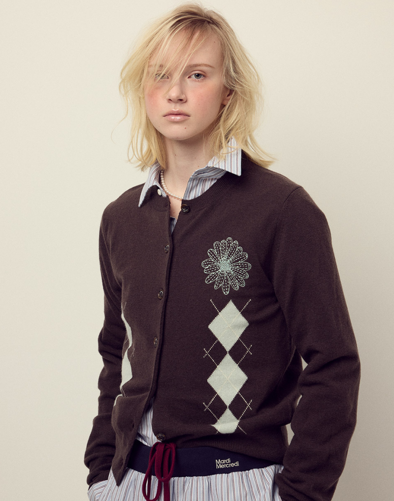 Cashmere Blended Cardigan Round Neck Argyle Brown Mint
