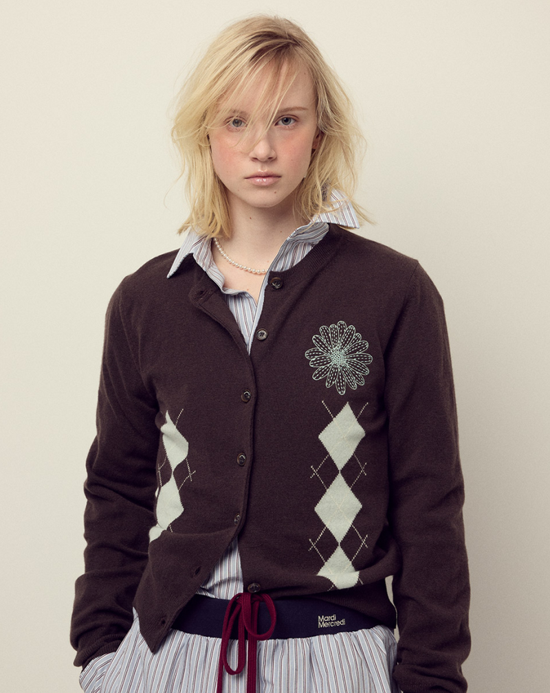 Cashmere Blended Cardigan Round Neck Argyle Brown Mint