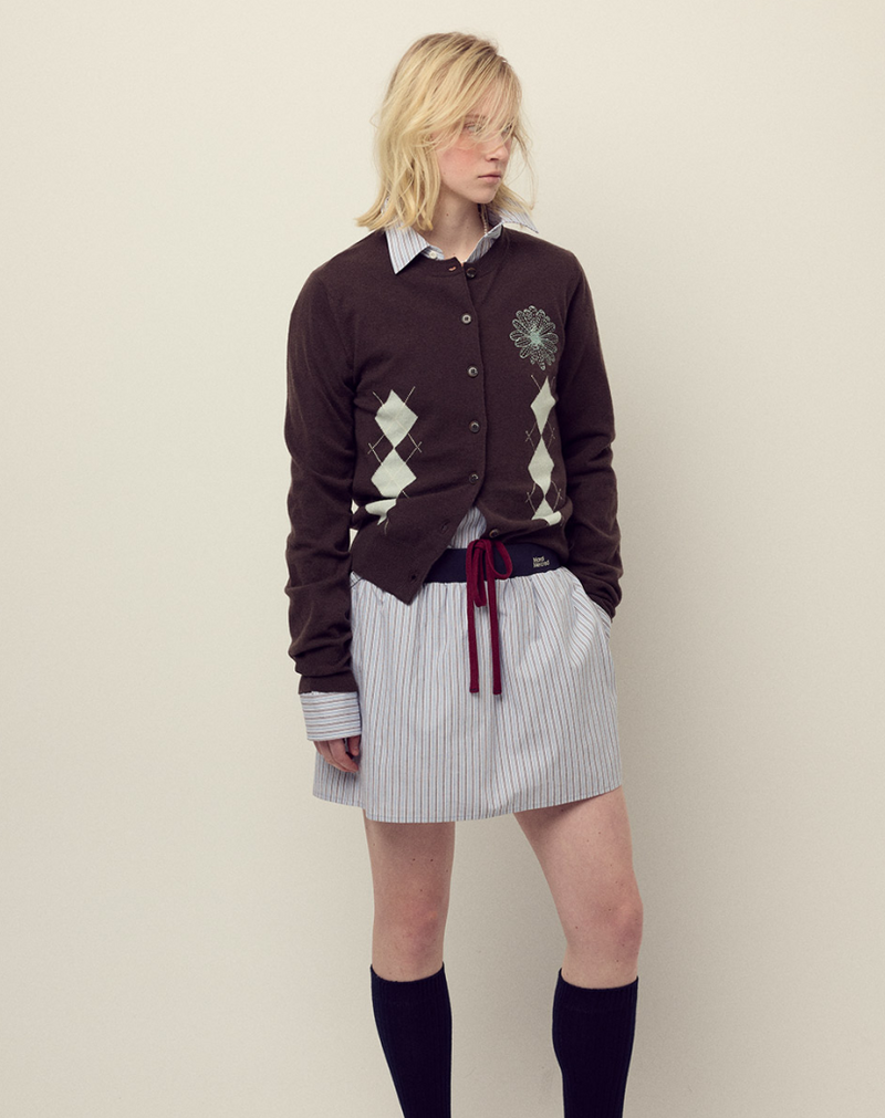 Cashmere Blended Cardigan Round Neck Argyle Brown Mint