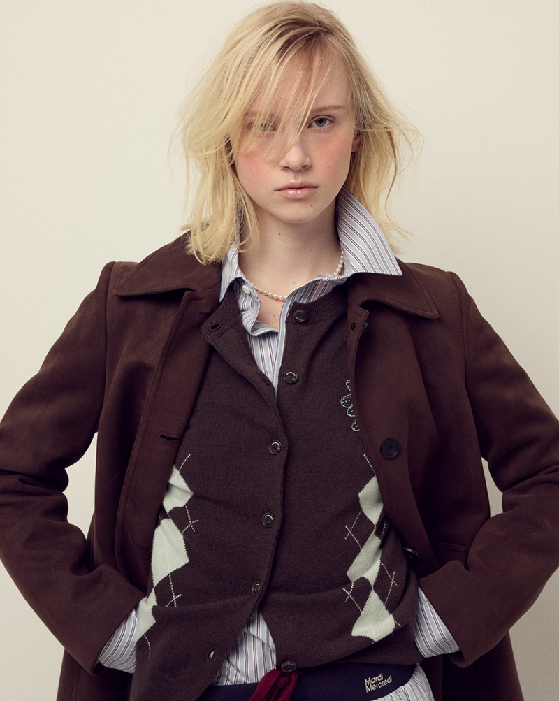 Cashmere Blended Cardigan Round Neck Argyle Brown Mint