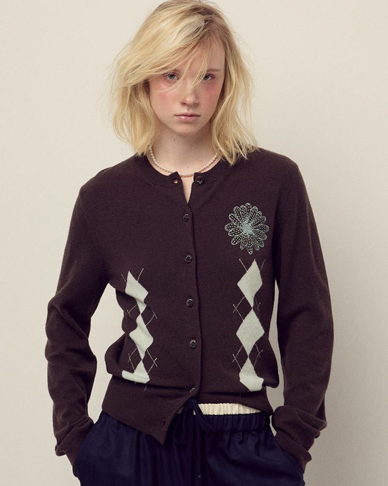 Cashmere Blended Cardigan Round Neck Argyle Brown Mint