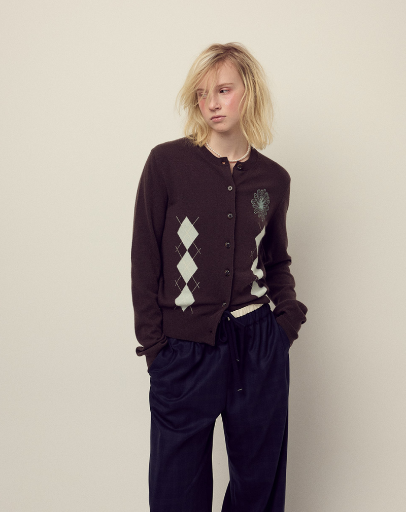 Cashmere Blended Cardigan Round Neck Argyle Brown Mint