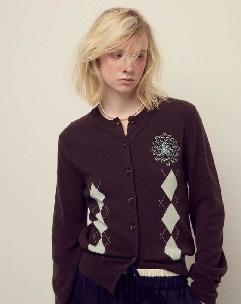 Cashmere Blended Cardigan Round Neck Argyle Brown Mint