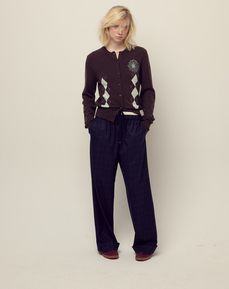 Cashmere Blended Cardigan Round Neck Argyle Brown Mint