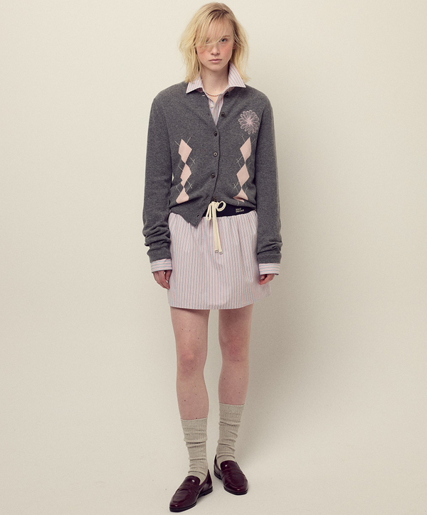 Cashmere Blended Cardigan Round Neck Argyle Deepgrey Pink