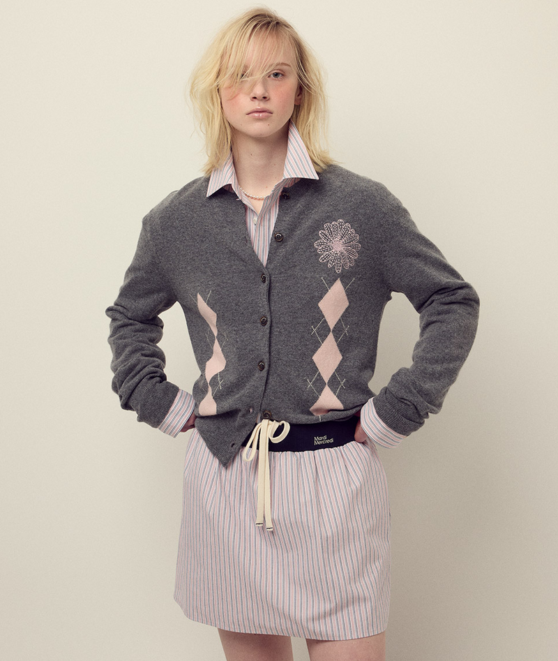 Cashmere Blended Cardigan Round Neck Argyle Deepgrey Pink