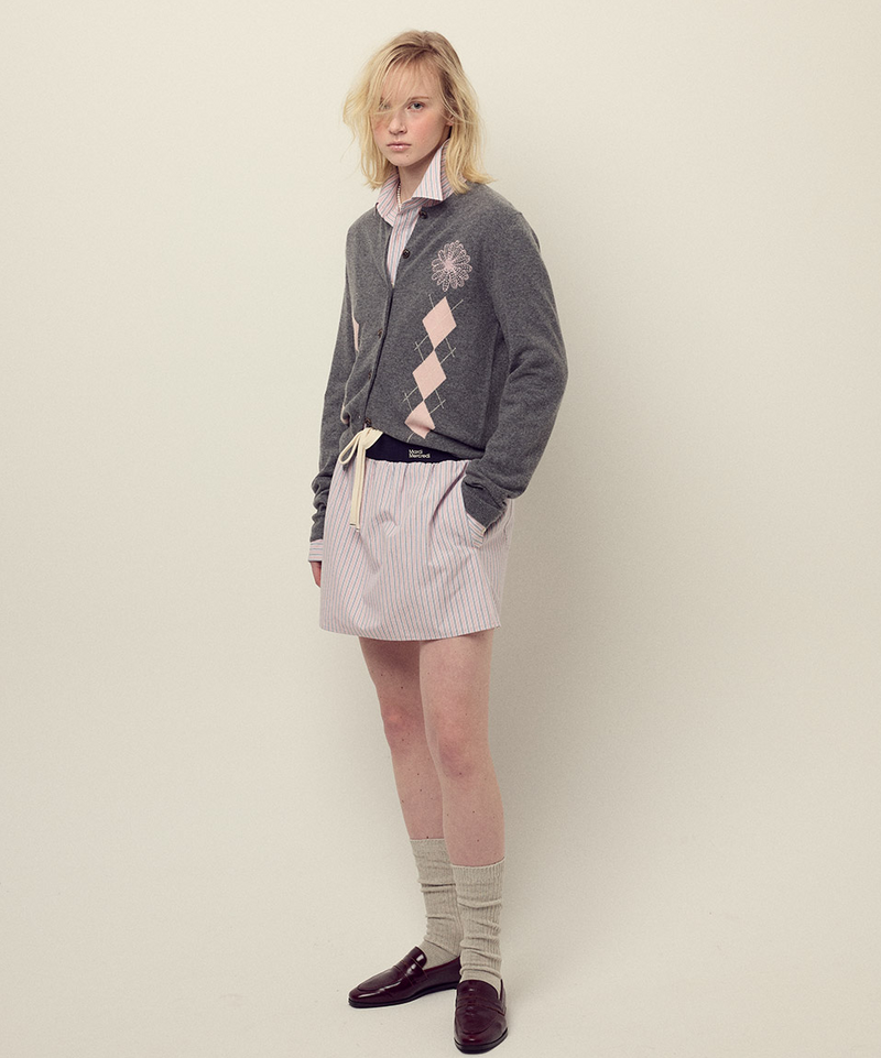 Cashmere Blended Cardigan Round Neck Argyle Deepgrey Pink