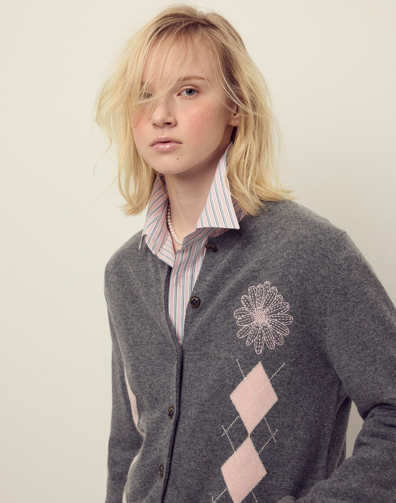 Cashmere Blended Cardigan Round Neck Argyle Deepgrey Pink