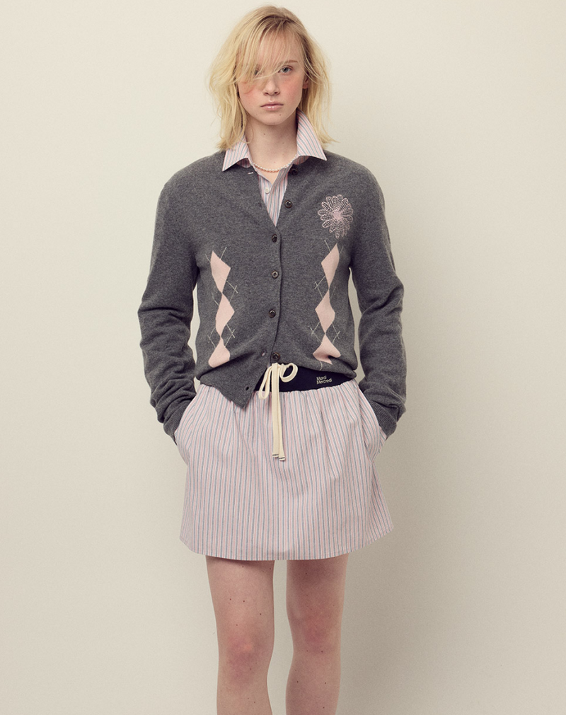 Cashmere Blended Cardigan Round Neck Argyle Deepgrey Pink