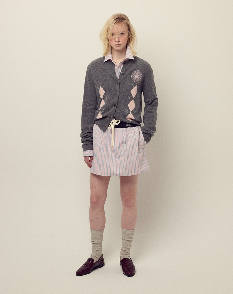 Cashmere Blended Cardigan Round Neck Argyle Deepgrey Pink