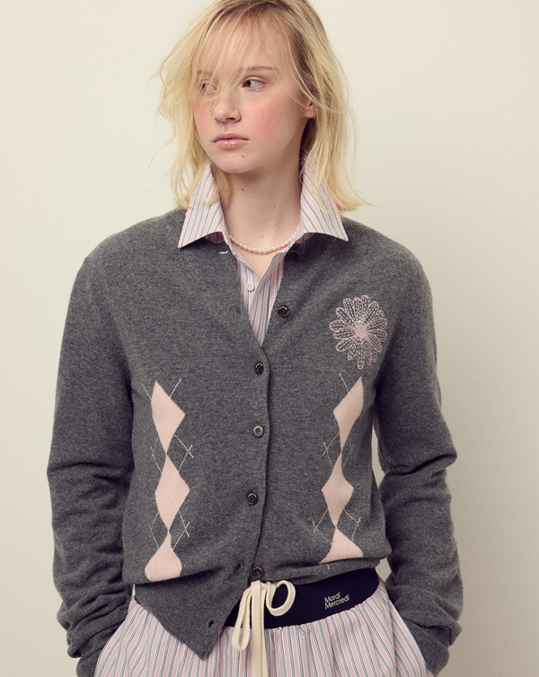 Cashmere Blended Cardigan Round Neck Argyle Deepgrey Pink