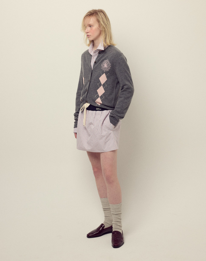 Cashmere Blended Cardigan Round Neck Argyle Deepgrey Pink