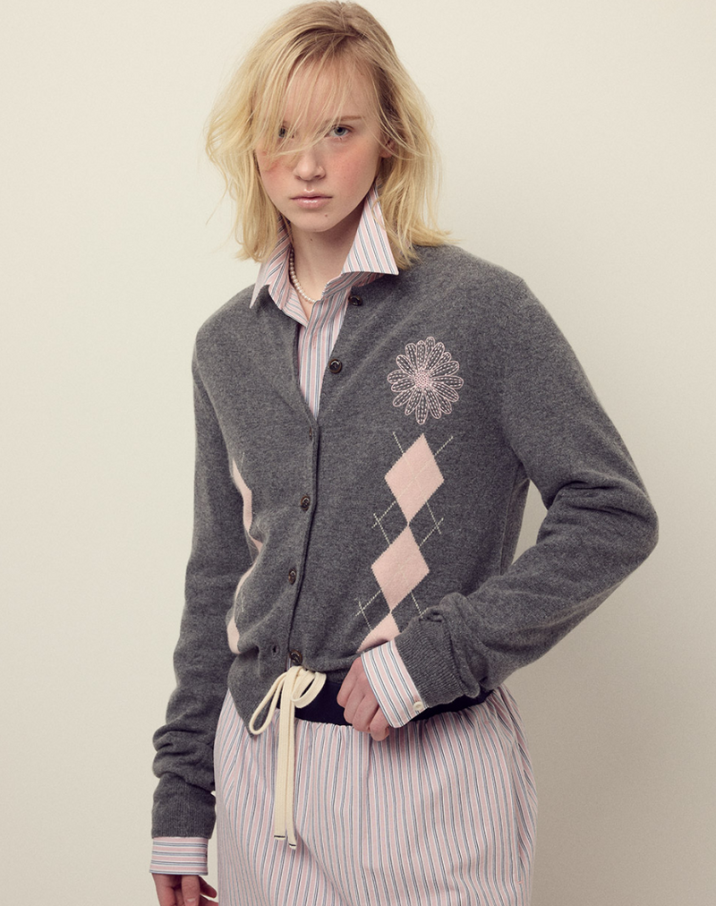 Cashmere Blended Cardigan Round Neck Argyle Deepgrey Pink
