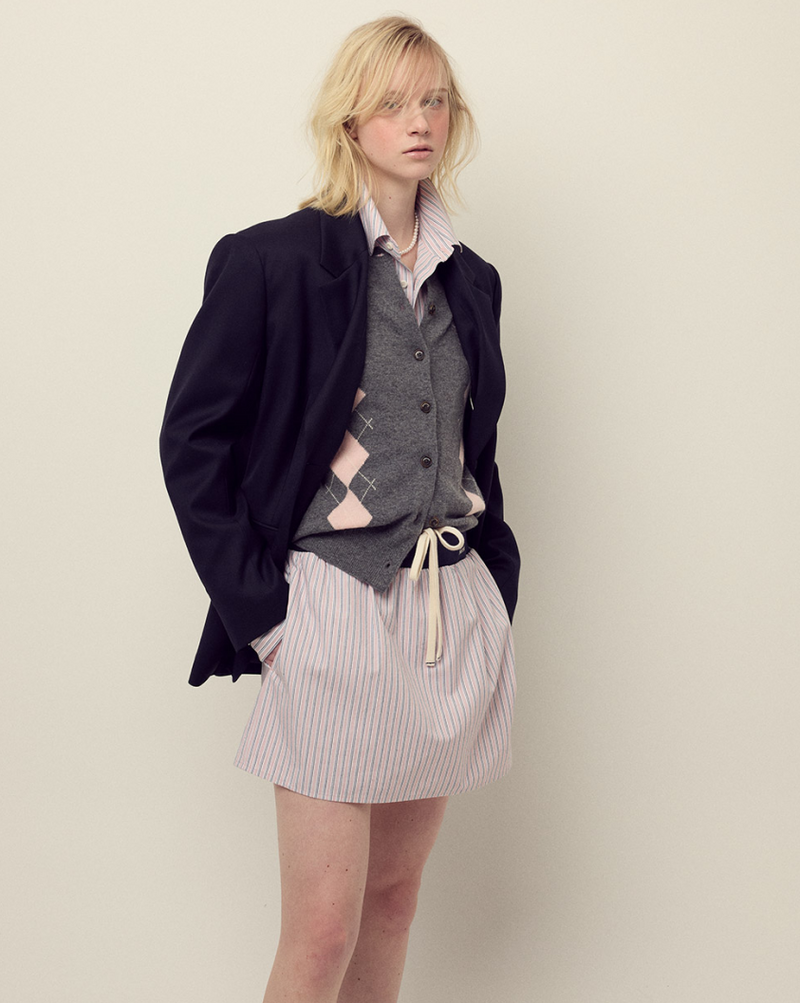Cashmere Blended Cardigan Round Neck Argyle Deepgrey Pink