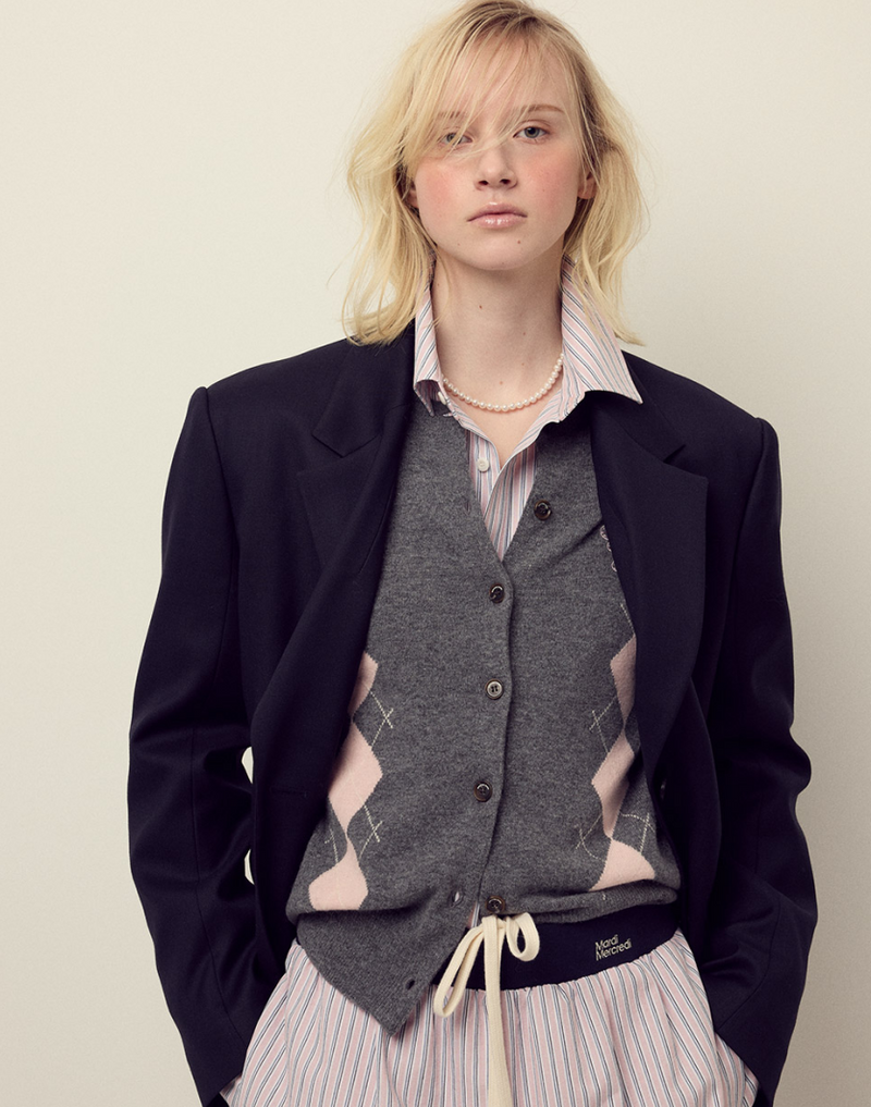 Cashmere Blended Cardigan Round Neck Argyle Deepgrey Pink