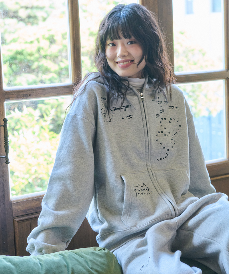 Emoji Zip Up Hoodie Melange Grey