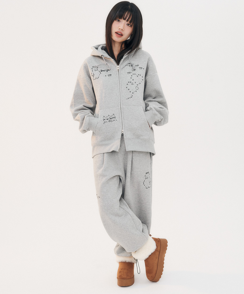 Emoji Zip Up Hoodie Melange Grey
