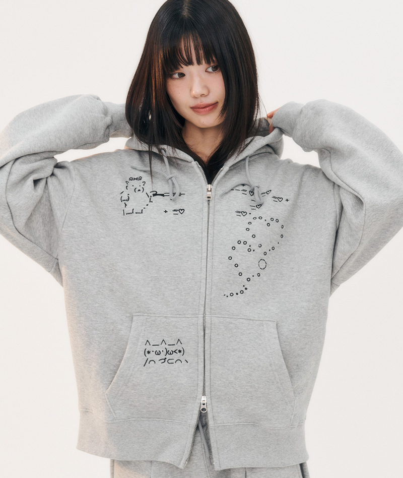 Emoji Zip Up Hoodie Melange Grey