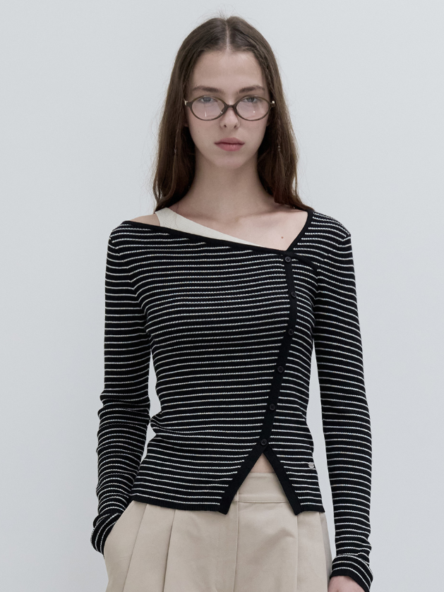 Wool Blended Cut Out Button Knit Black Ivory