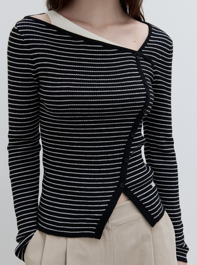 Wool Blended Cut Out Button Knit Black Ivory