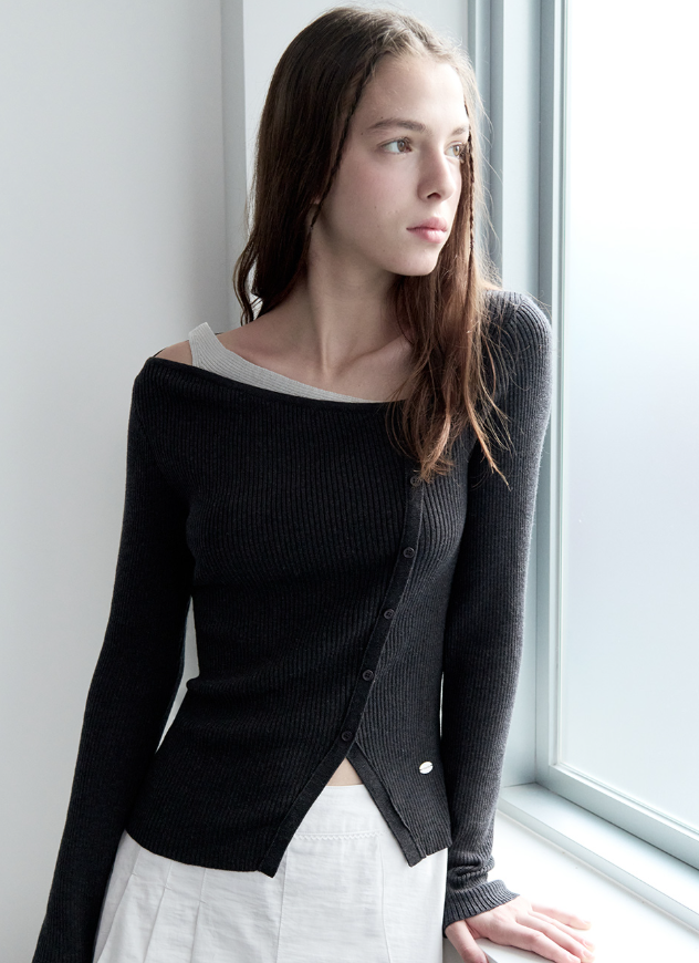 Wool Blended Cut Out Button Knit Charcoal