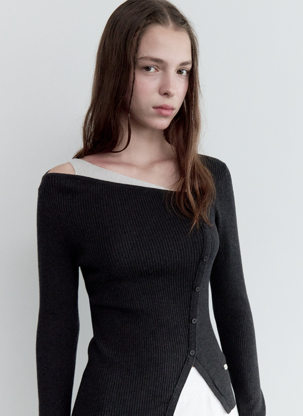 Wool Blended Cut Out Button Knit Charcoal
