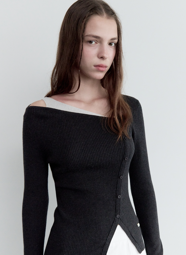 Wool Blended Cut Out Button Knit Charcoal