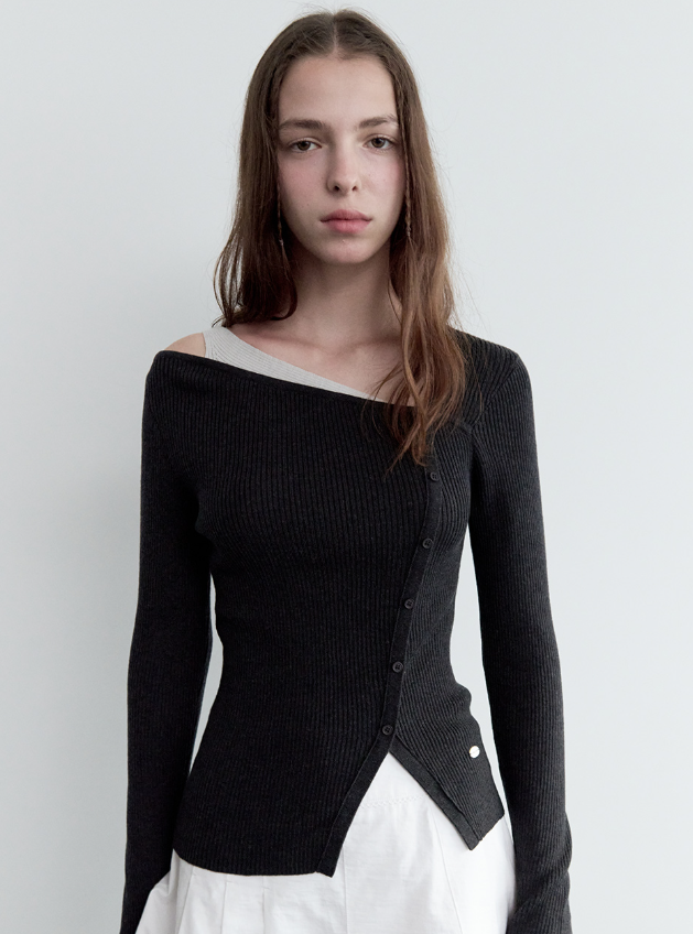 Wool Blended Cut Out Button Knit Charcoal