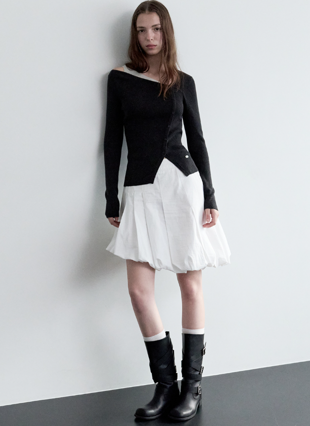 Wool Blended Cut Out Button Knit Charcoal